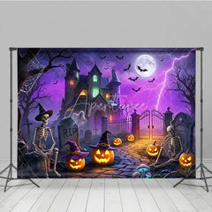 Aperturee - Aperturee Spooky Haunted Mansion Holiday Backdrop with Skeletons Jack-o’-Lanterns and a Glowing Full Moon