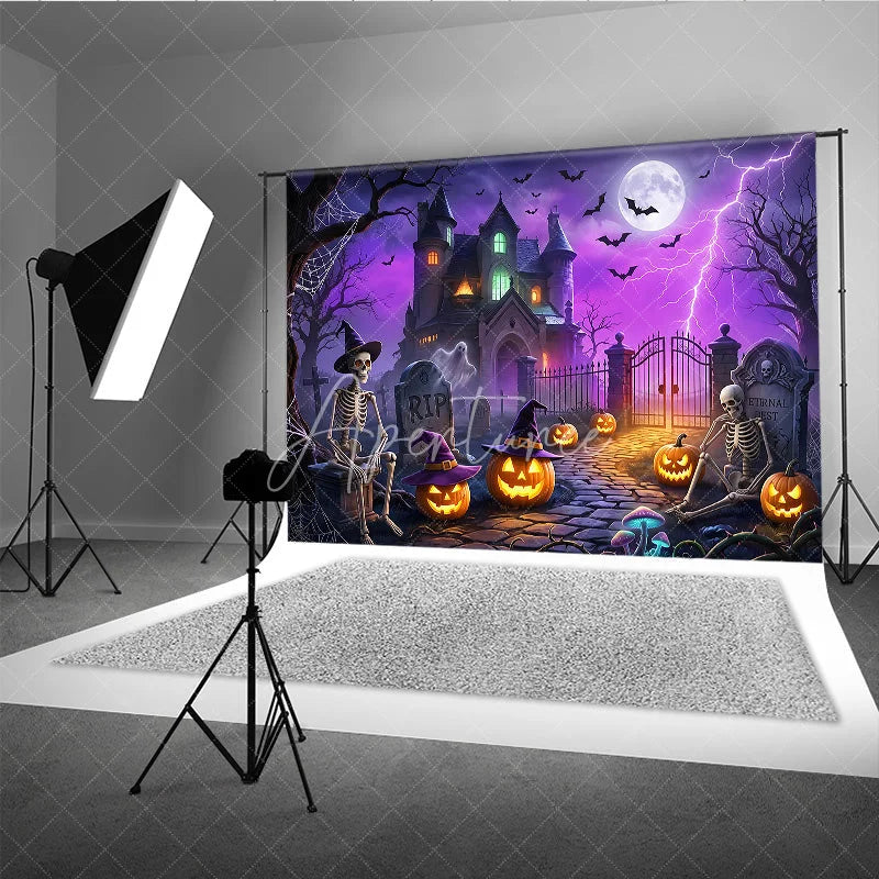 Aperturee - Aperturee Spooky Haunted Mansion Holiday Backdrop with Skeletons Jack-o’-Lanterns and a Glowing Full Moon