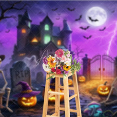 Aperturee - Aperturee Spooky Haunted Mansion Holiday Backdrop with Skeletons Jack-o’-Lanterns and a Glowing Full Moon