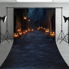 Aperturee - Aperturee Spooky Jack-o’-lantern Alley Sweep Backdrop Dark Cobblestone Street Haunted Village Halloween Photos