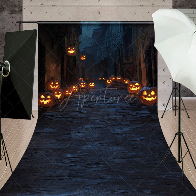 Aperturee - Aperturee Spooky Jack-o’-lantern Alley Sweep Backdrop Dark Cobblestone Street Haunted Village Halloween Photos