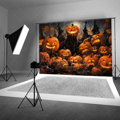 Aperturee Aperturee Spooky Jack O’ Lantern Forest Photography Backdrop Evil Carved Pumpkins in Dark Woods Haunted Halloween Photo Prop