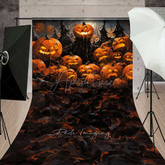 Aperturee Aperturee Spooky Jack O’ Lantern Forest Sweep Photography Backdrop with Floor Evil Carved Pumpkins Haunted Halloween Photo Prop