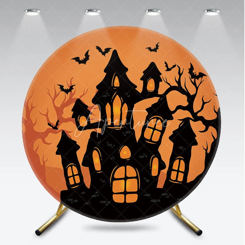 Aperturee - Aperturee Spooky Orange and Black Haunted House Round Backdrop with Flying Bats Eerie Halloween Party Decor