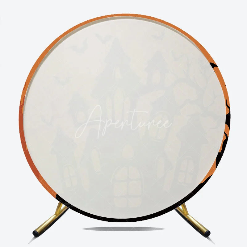 Aperturee - Aperturee Spooky Orange and Black Haunted House Round Backdrop with Flying Bats Eerie Halloween Party Decor