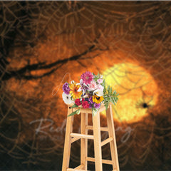 Aperturee - Aperturee Spooky Spiders on a Web Photography Backdrop Orange Sunset for Halloween Moody and Dark Photo Background