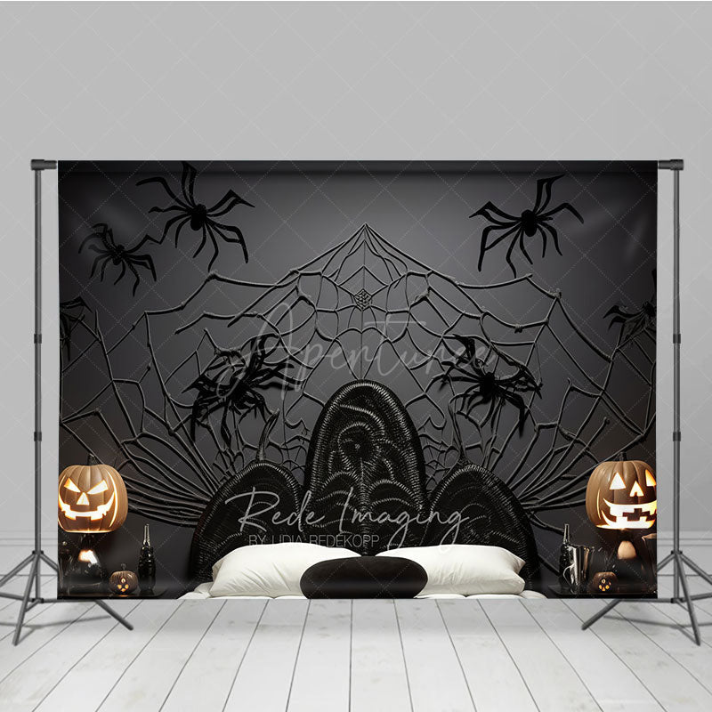 Aperturee Aperturee Spooky Spiderweb Headboard Photography Backdrop Black Wicker Bed and Jack O’ Lanterns Halloween Photo Prop