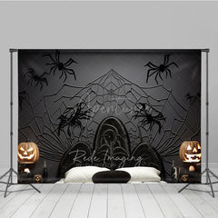 Aperturee Aperturee Spooky Spiderweb Headboard Photography Backdrop Black Wicker Bed and Jack O’ Lanterns Halloween Photo Prop
