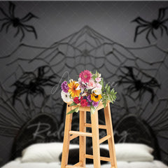 Aperturee Aperturee Spooky Spiderweb Headboard Photography Backdrop Black Wicker Bed and Jack O’ Lanterns Halloween Photo Prop