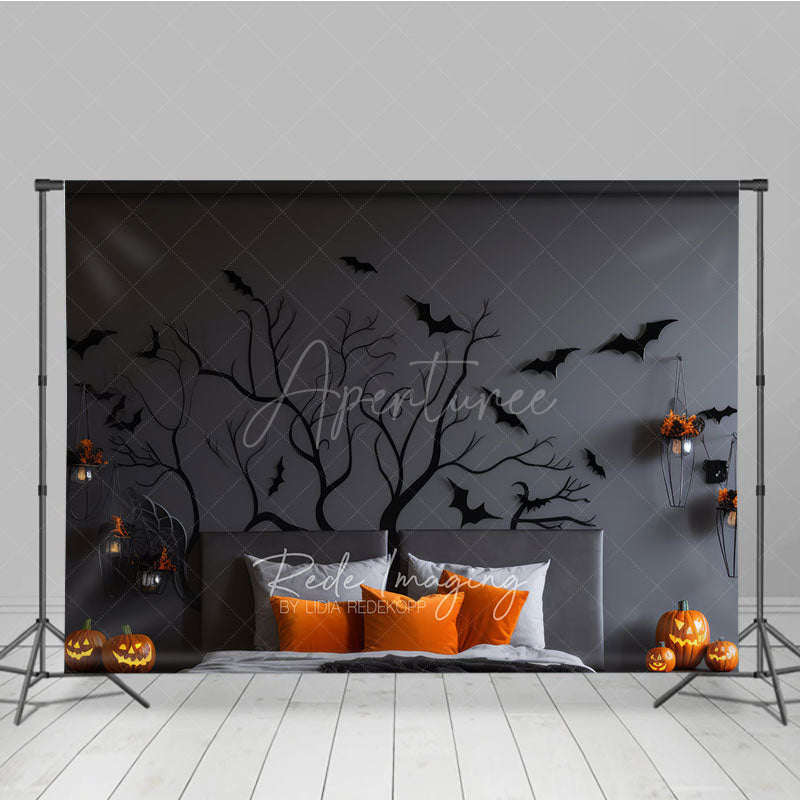 Aperturee Aperturee Spooky Tree Branch Headboard Photography Backdrop Gothic Halloween Bedroom with Bats Moody Dark Photo Prop