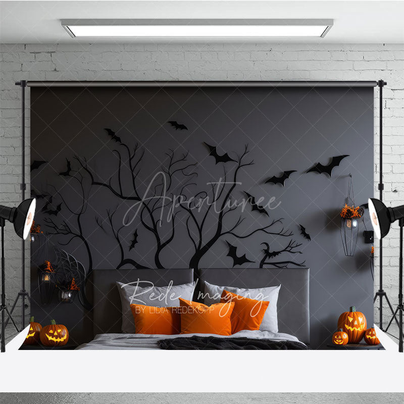 Aperturee Aperturee Spooky Tree Branch Headboard Photography Backdrop Gothic Halloween Bedroom with Bats Moody Dark Photo Prop