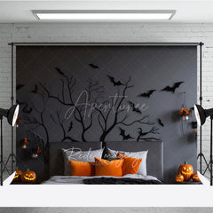 Aperturee Aperturee Spooky Tree Branch Headboard Photography Backdrop Gothic Halloween Bedroom with Bats Moody Dark Photo Prop