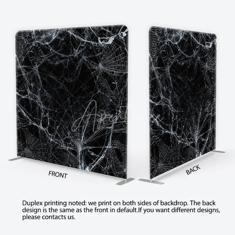 Aperturee - Aperturee Spooky White Spider Web and Cobweb Square Double-Sided Backdrop Eerie Black Background for Halloween Party
