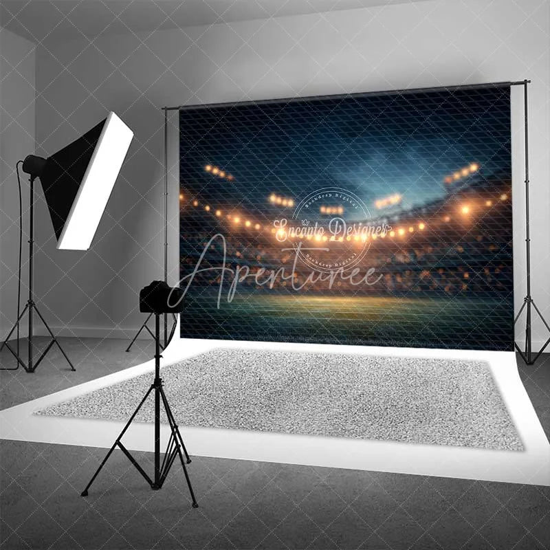 Aperturee - Aperturee Sports Backdrop Night Stadium Lights Green Field Dark Blue Sky Photography Background for Game Night Party