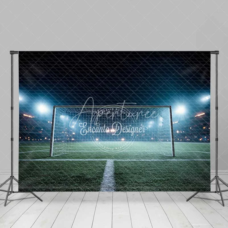 Aperturee - Aperturee Sports Soccer Field Goal Backdrop Night Stadium Lights Green Grass Photography Background for Party Decor