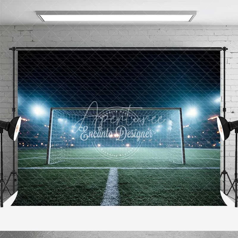 Aperturee - Aperturee Sports Soccer Field Goal Backdrop Night Stadium Lights Green Grass Photography Background for Party Decor