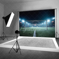 Aperturee - Aperturee Sports Soccer Field Goal Backdrop Night Stadium Lights Green Grass Photography Background for Party Decor