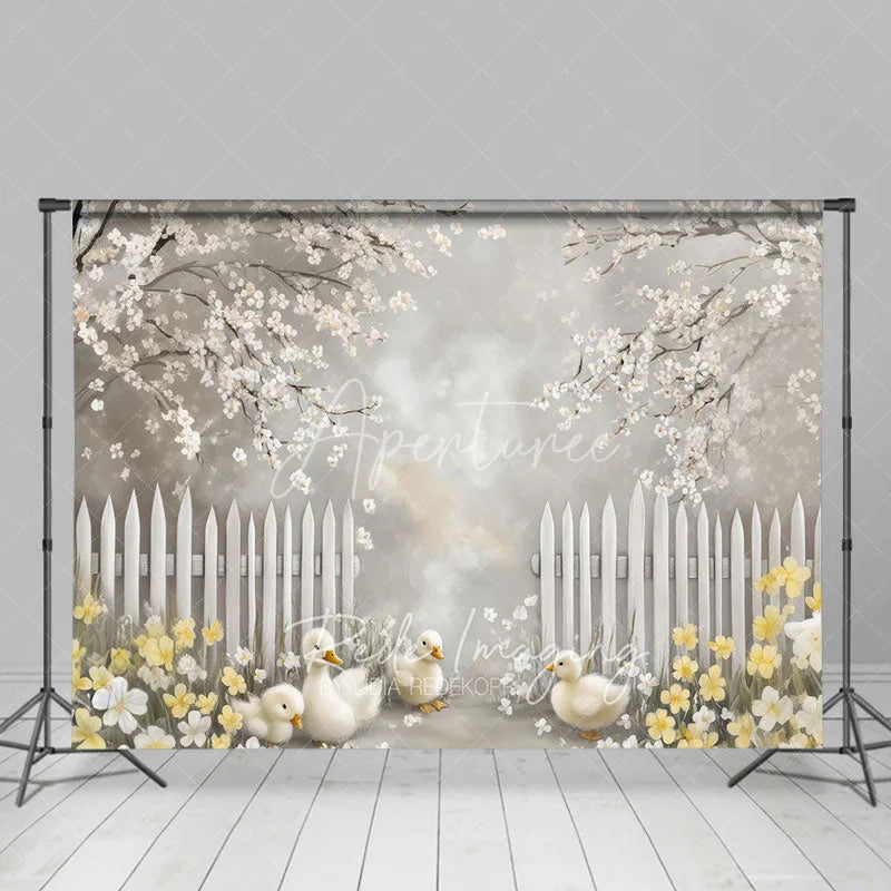 Aperturee - Aperturee Spring Blooming White Fence Backdrop Cute Ducks and Yellow Flowers Easter Photography Background for Party