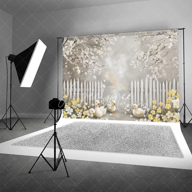 Aperturee - Aperturee Spring Blooming White Fence Backdrop Cute Ducks and Yellow Flowers Easter Photography Background for Party