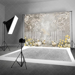 Aperturee - Aperturee Spring Blooming White Fence Backdrop Cute Ducks and Yellow Flowers Easter Photography Background for Party