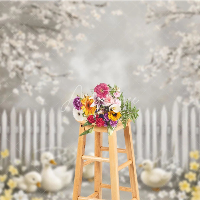 Aperturee - Aperturee Spring Blooming White Fence Backdrop Cute Ducks and Yellow Flowers Easter Photography Background for Party