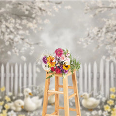 Aperturee - Aperturee Spring Blooming White Fence Backdrop Cute Ducks and Yellow Flowers Easter Photography Background for Party