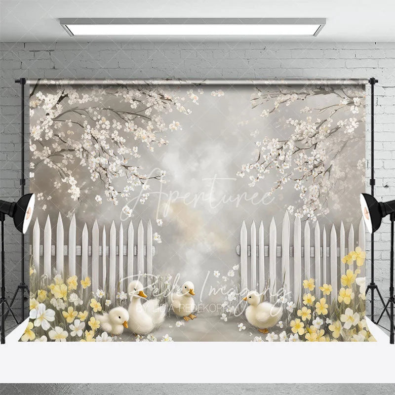 Aperturee - Aperturee Spring Blooming White Fence Backdrop Cute Ducks and Yellow Flowers Easter Photography Background for Party