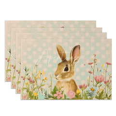 Aperturee - Aperturee Spring Blue Dot Rabbit Set of 4 Placemats Wildflower Easter Bunny Table Mats for Dining Room