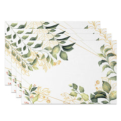 Aperturee - Aperturee Spring Boho Leaf Placemats Set of 4 Green and Gold Botanical Design for Elegant Kitchen Table Decor