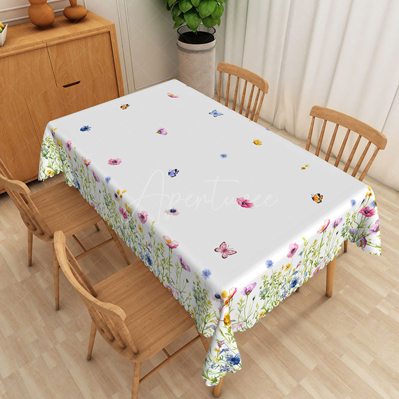 Aperturee - Aperturee Spring Butterfly and Colorful Flowers Rectangle Tablecloth for Garden Party and Easter Decorations
