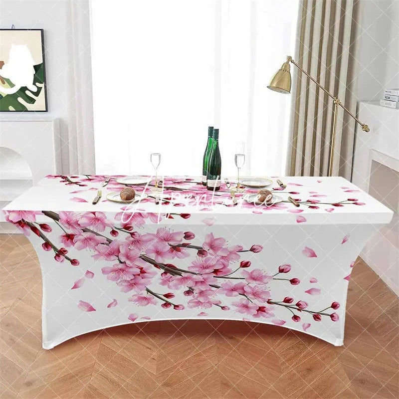 Aperturee - Aperturee Spring Cherry Blossom Tree Branch Stretch Table Cover