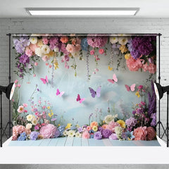 Aperturee - Aperturee Spring Colorful Floral Butterfly Cake Smash Backdrop