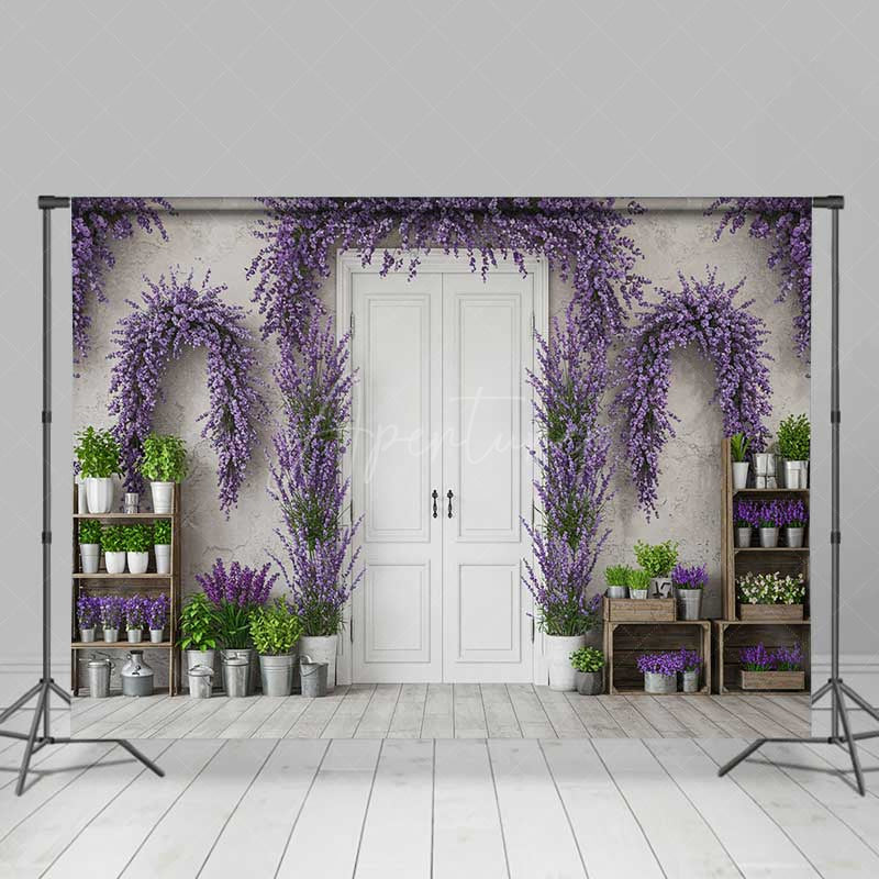 Aperturee Aperturee Spring Doorway Photography Backdrop Purple Lavender and Rustic White Door French Countryside Studio Photo Prop