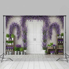 Aperturee Aperturee Spring Doorway Photography Backdrop Purple Lavender and Rustic White Door French Countryside Studio Photo Prop