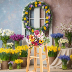 Aperturee Aperturee Spring Doorway Photography Backdrop White Door with Daffodil Wreath Colorful Easter Floral Photo Studio Prop