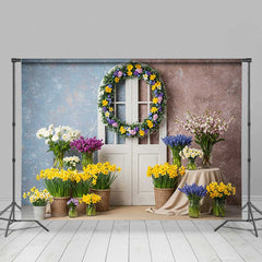 Aperturee Aperturee Spring Doorway Photography Backdrop White Door with Daffodil Wreath Colorful Easter Floral Photo Studio Prop