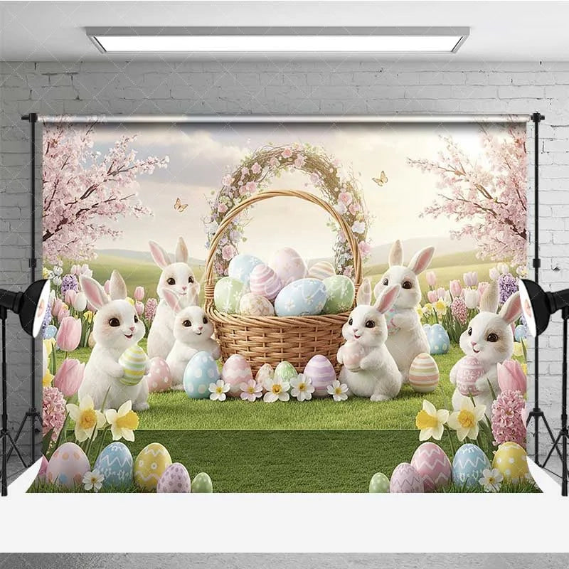 Aperturee - Aperturee Spring Easter Backdrop White Bunnies Flower Basket Colorful Eggs Photography Background Kids Holiday Decoration