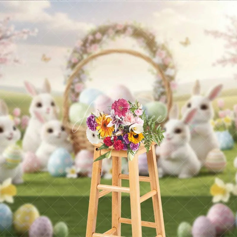 Aperturee - Aperturee Spring Easter Backdrop White Bunnies Flower Basket Colorful Eggs Photography Background Kids Holiday Decoration