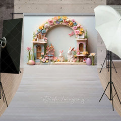 Aperturee - Aperturee Spring Easter Bunny Floral Arch Backdrop Pastel Eggs Light Wood Floor Photography Background for Kids Portrait