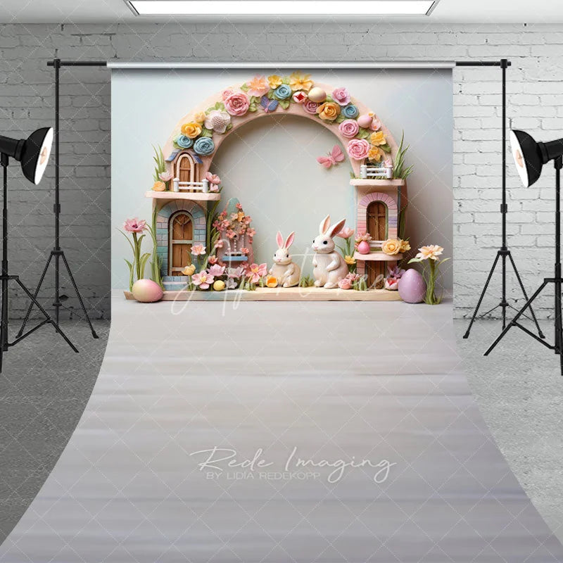 Aperturee - Aperturee Spring Easter Bunny Floral Arch Backdrop Pastel Eggs Light Wood Floor Photography Background for Kids Portrait