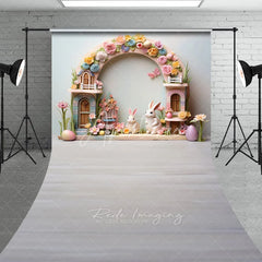 Aperturee - Aperturee Spring Easter Bunny Floral Arch Backdrop Pastel Eggs Light Wood Floor Photography Background for Kids Portrait
