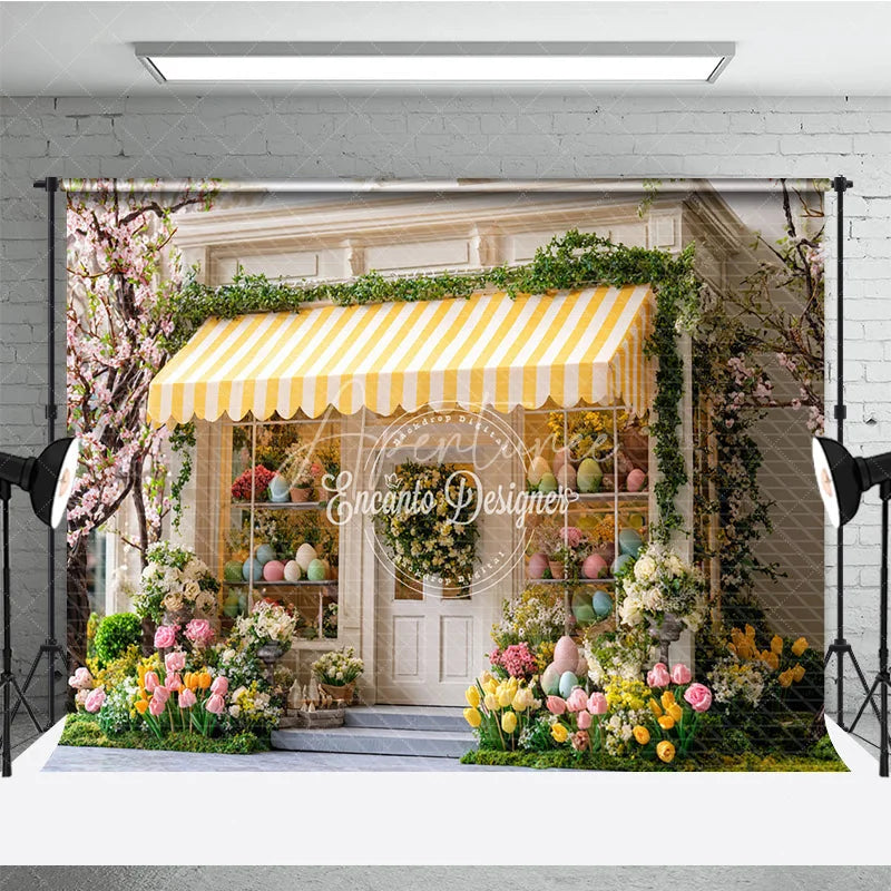 Aperturee - Aperturee Spring Easter Egg Storefront Photography Backdrop Yellow Striped Awning and Tulips Studio Background
