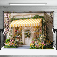 Aperturee - Aperturee Spring Easter Egg Storefront Photography Backdrop Yellow Striped Awning and Tulips Studio Background