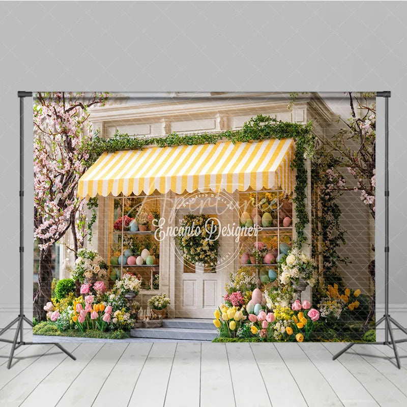 Aperturee - Aperturee Spring Easter Egg Storefront Photography Backdrop Yellow Striped Awning and Tulips Studio Background