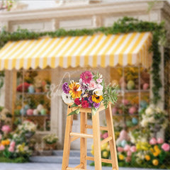 Aperturee - Aperturee Spring Easter Egg Storefront Photography Backdrop Yellow Striped Awning and Tulips Studio Background