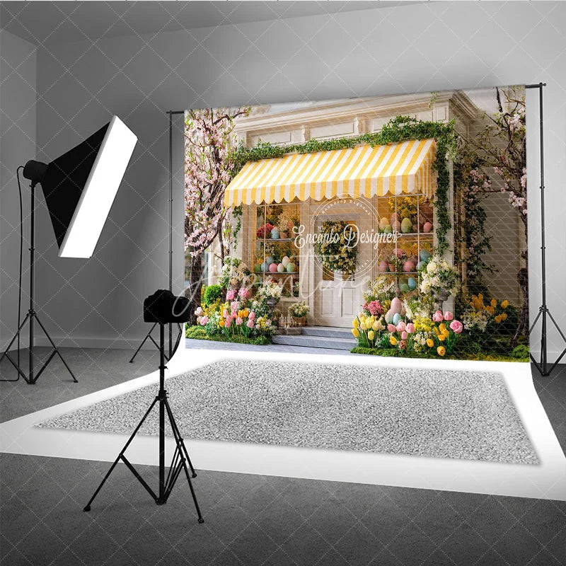 Aperturee - Aperturee Spring Easter Egg Storefront Photography Backdrop Yellow Striped Awning and Tulips Studio Background
