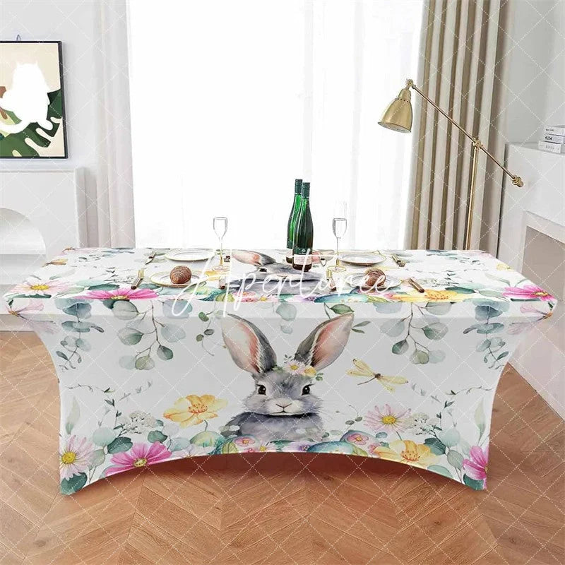 Aperturee - Aperturee Spring Easter Eggs Cute Bunny Fitted Stretch Table Cover