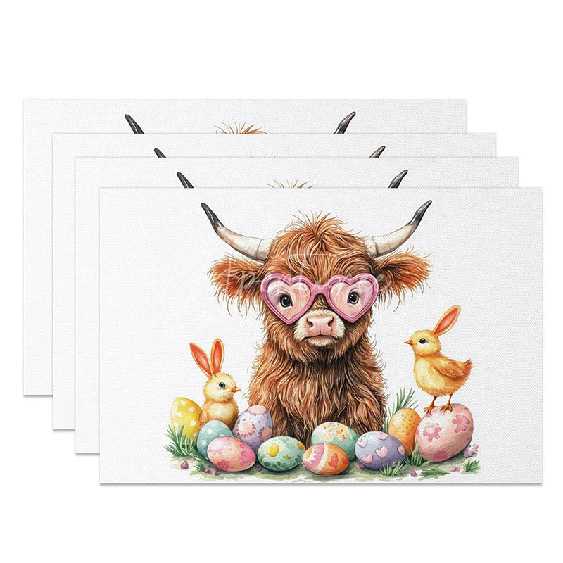 Aperturee - Aperturee Spring Easter Highland Cow Set of 4 Placemats Cute Chicks Colorful Eggs Table Mats Holiday Party Dining Room Decor