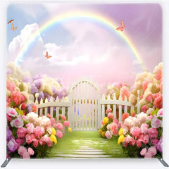 Aperturee - Aperturee Spring Fairy Garden Tension Fabric Backdrop Rainbow and White Picket Fence Flower Party Decorations