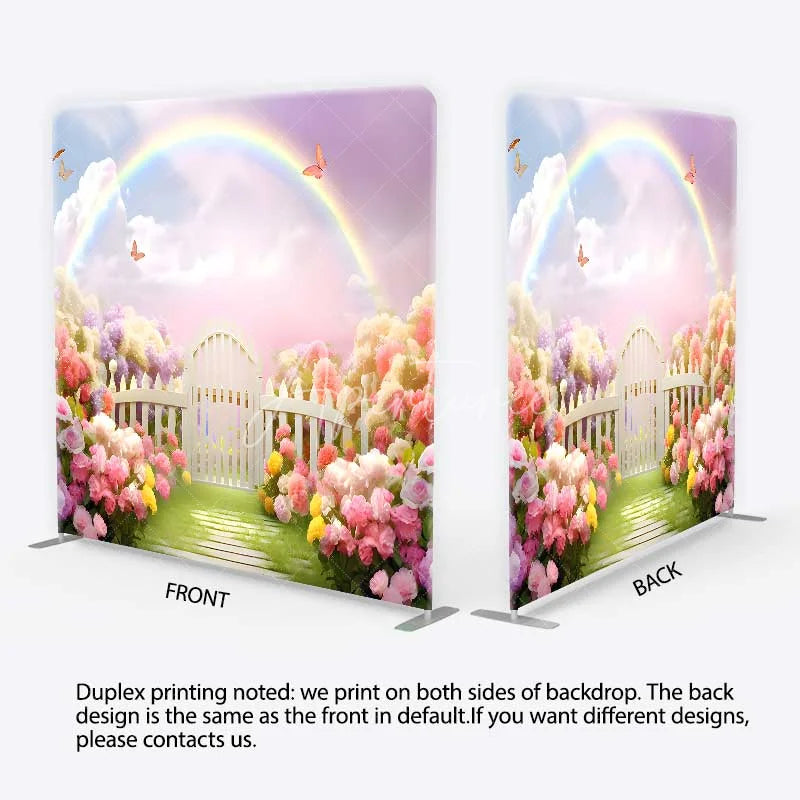 Aperturee - Aperturee Spring Fairy Garden Tension Fabric Backdrop Rainbow and White Picket Fence Flower Party Decorations